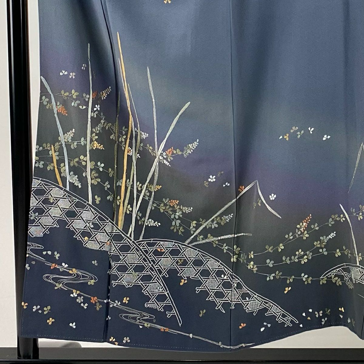 訪問服 身長154cm 袖長64cm M 雙層 草花紋紋 木賊 金糸刺繡 青灰 純蠶絲 秀品級