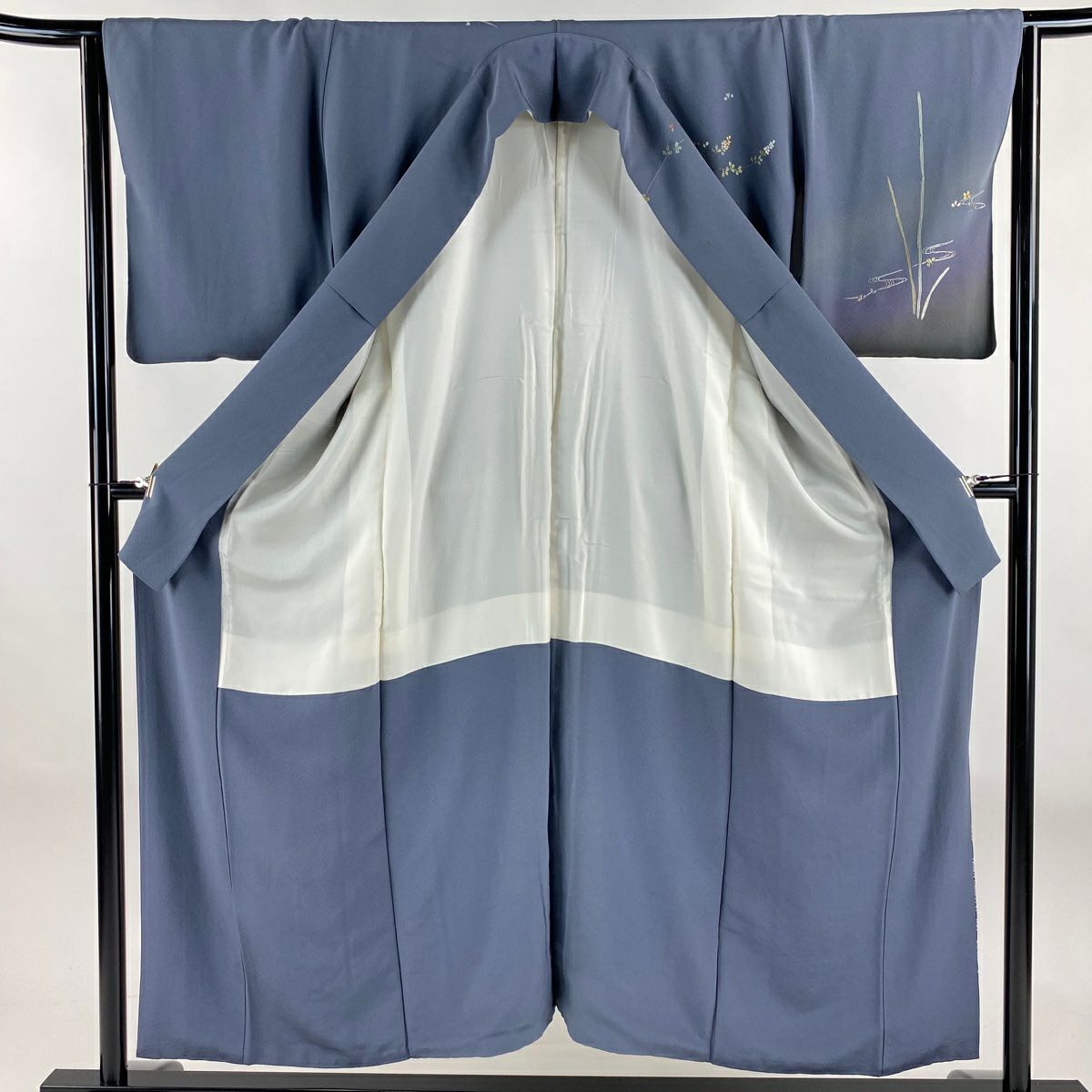 訪問服 身長154cm 袖長64cm M 雙層 草花紋紋 木賊 金糸刺繡 青灰 純蠶絲 秀品級