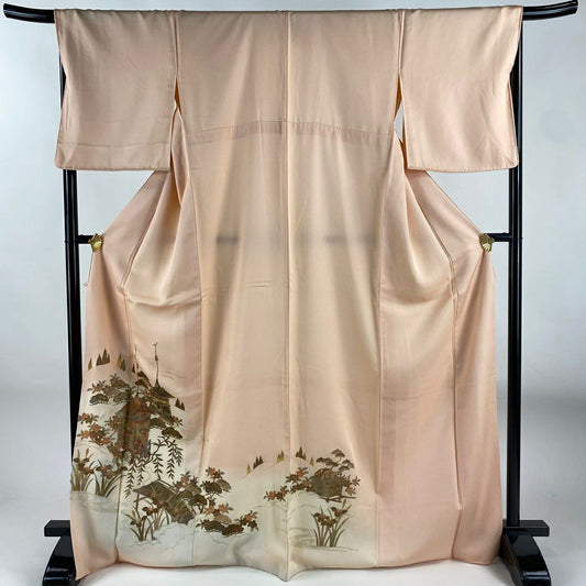 付下 身長169cm 袖長68cm L 雙層 山鉾 松樹 金銀彩 漸層 粉米色 純蠶絲 優品級