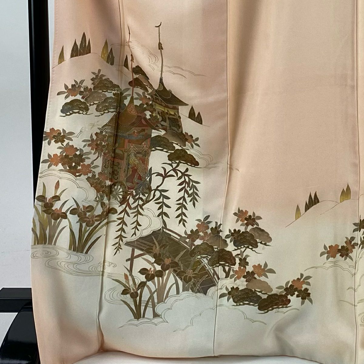 付下 身長169cm 袖長68cm L 雙層 山鉾 松樹 金銀彩 漸層 粉米色 純蠶絲 優品級