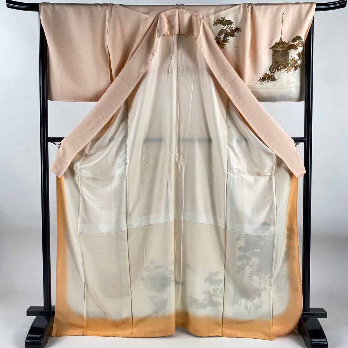 付下 身長169cm 袖長68cm L 雙層 山鉾 松樹 金銀彩 漸層 粉米色 純蠶絲 優品級