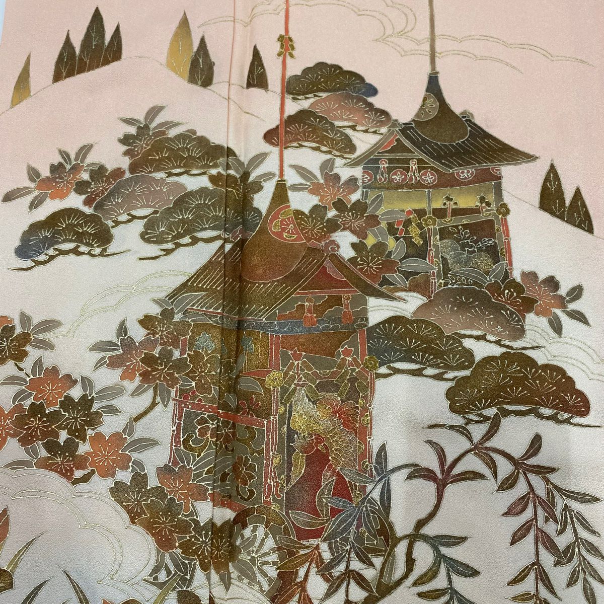 付下 身長169cm 袖長68cm L 雙層 山鉾 松樹 金銀彩 漸層 粉米色 純蠶絲 優品級