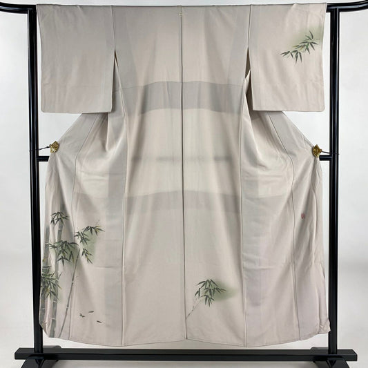 付下 身長152cm 袖長63cm S 雙層 柿本市郎 落款あり 竹子 笹 薄小豆 純蠶絲 秀品級 一つ紋