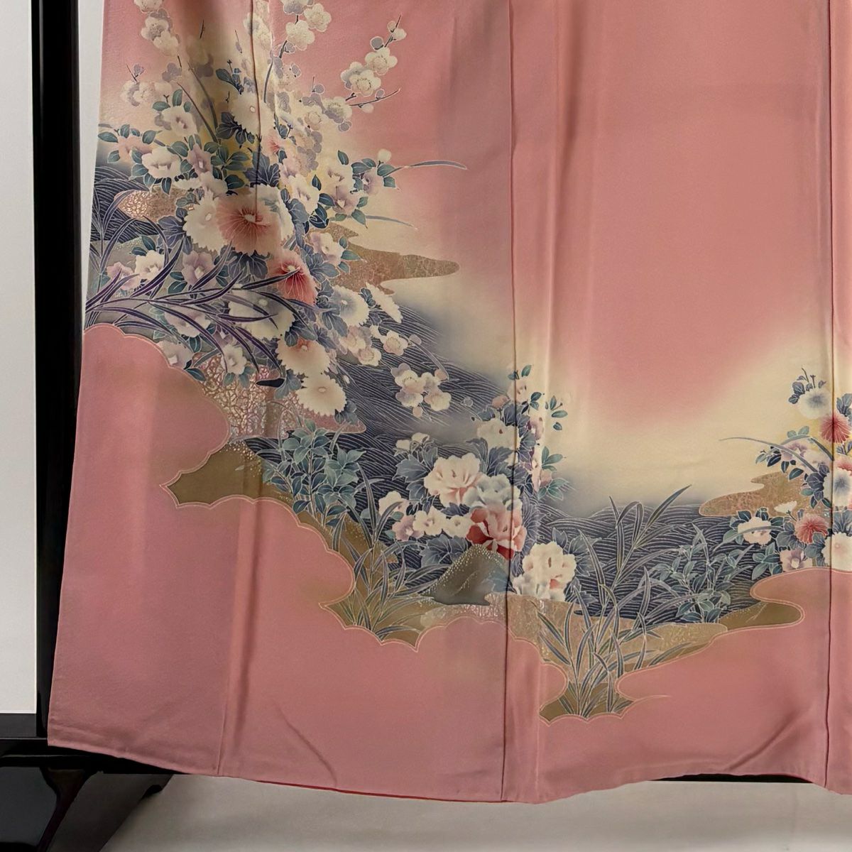 訪問服 身長160.5cm 袖長64cm M 雙層 草花紋紋 波 金銀彩 漸層 粉紅 純蠶絲 優品級