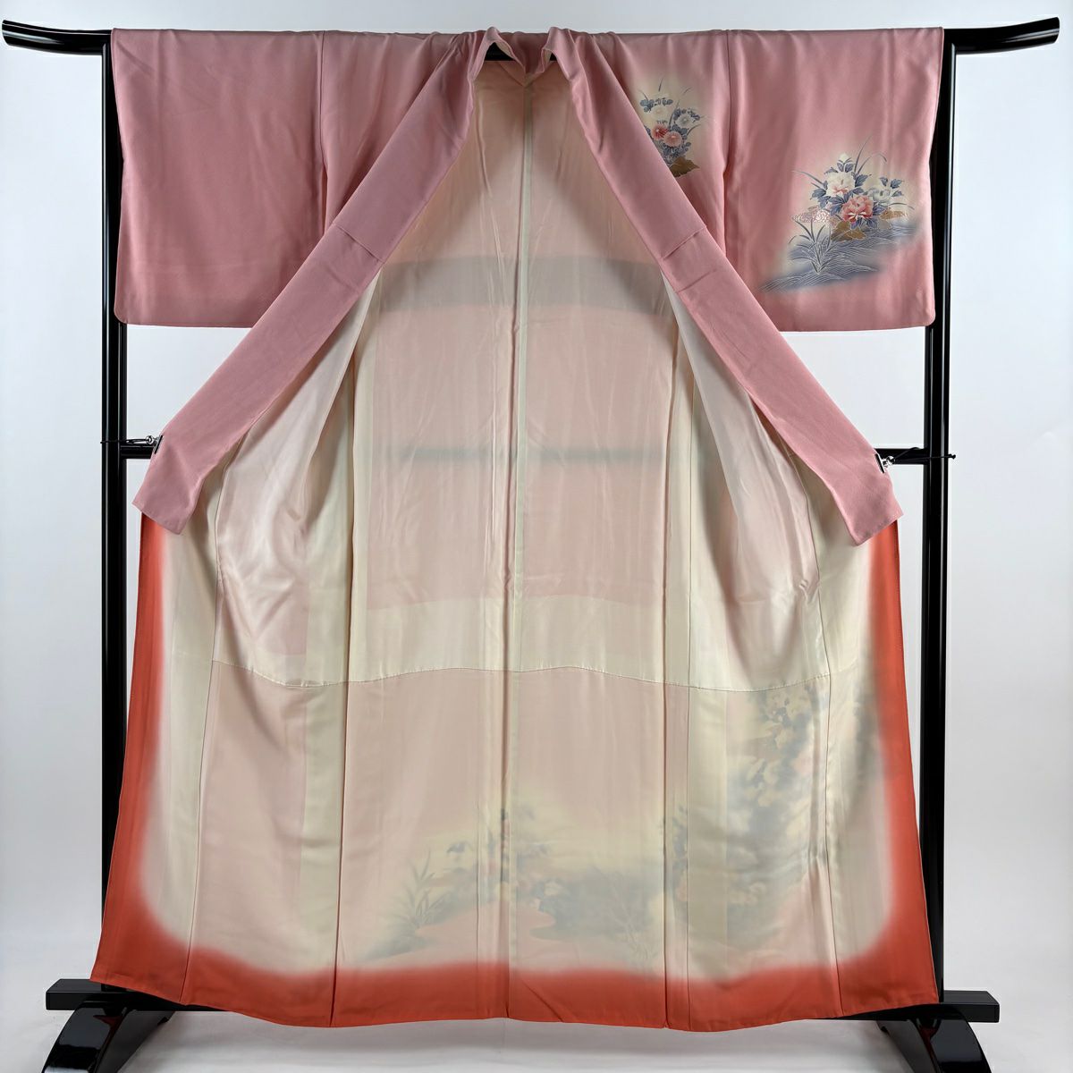 訪問服 身長160.5cm 袖長64cm M 雙層 草花紋紋 波 金銀彩 漸層 粉紅 純蠶絲 優品級