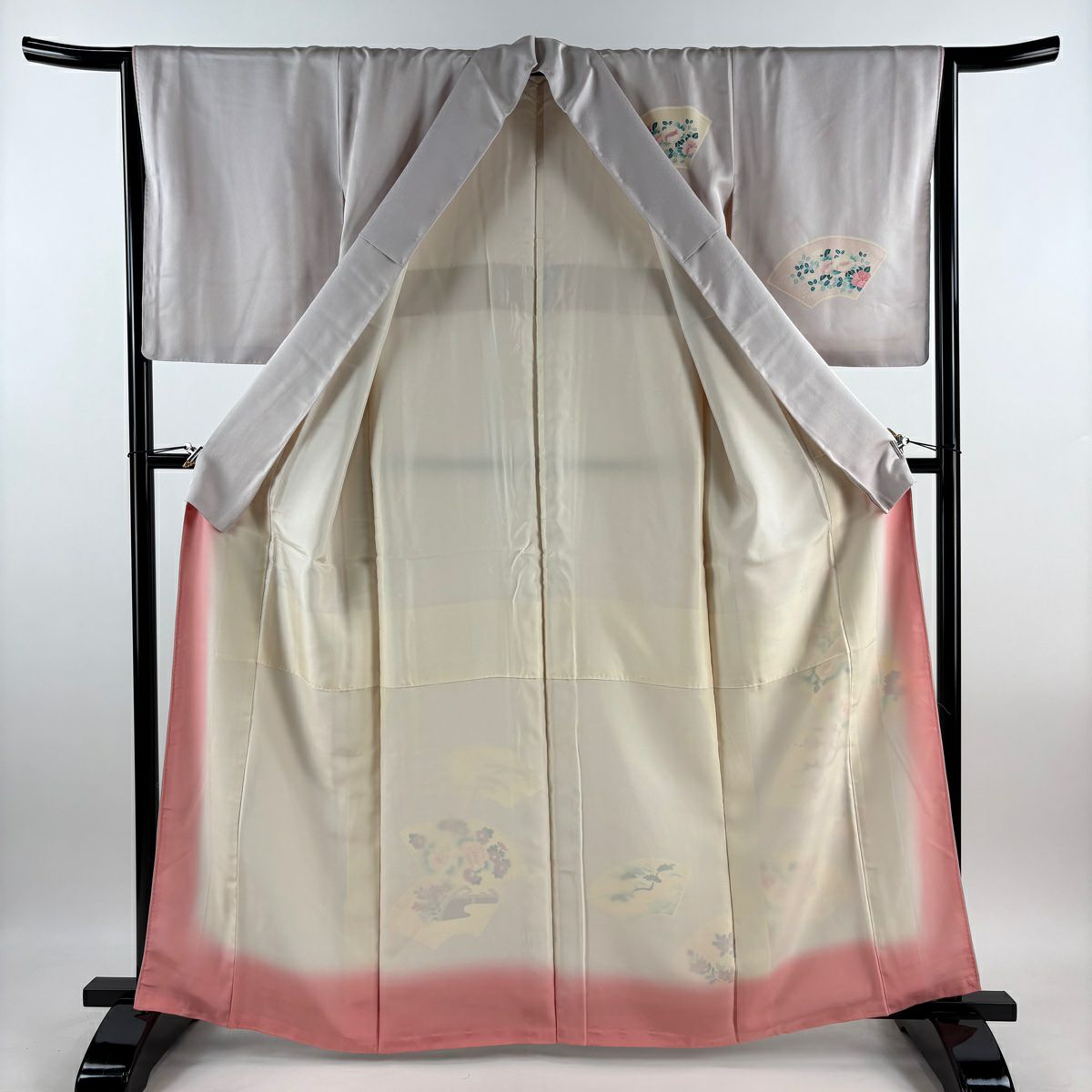 付下 身長163cm 袖長64cm M 雙層 扇子面 牡丹 漸層 淺紫 純蠶絲 優品級