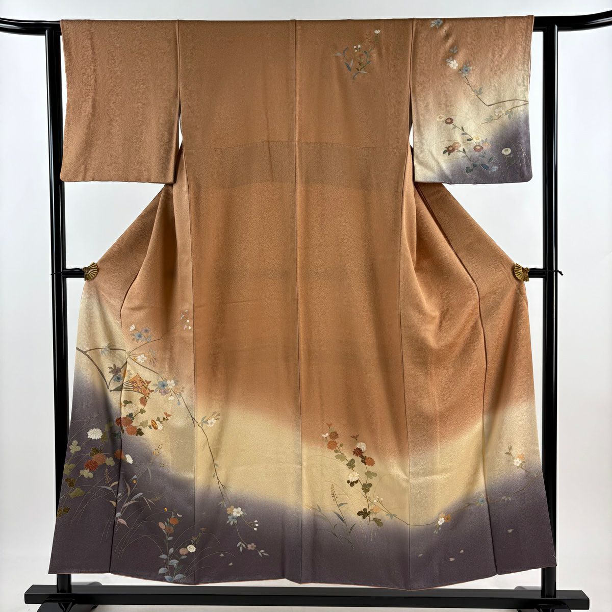 訪問服 身長152cm 袖長62cm S 雙層 扇子 菊花 金絲 金銀彩 淺茶 純蠶絲 優品級