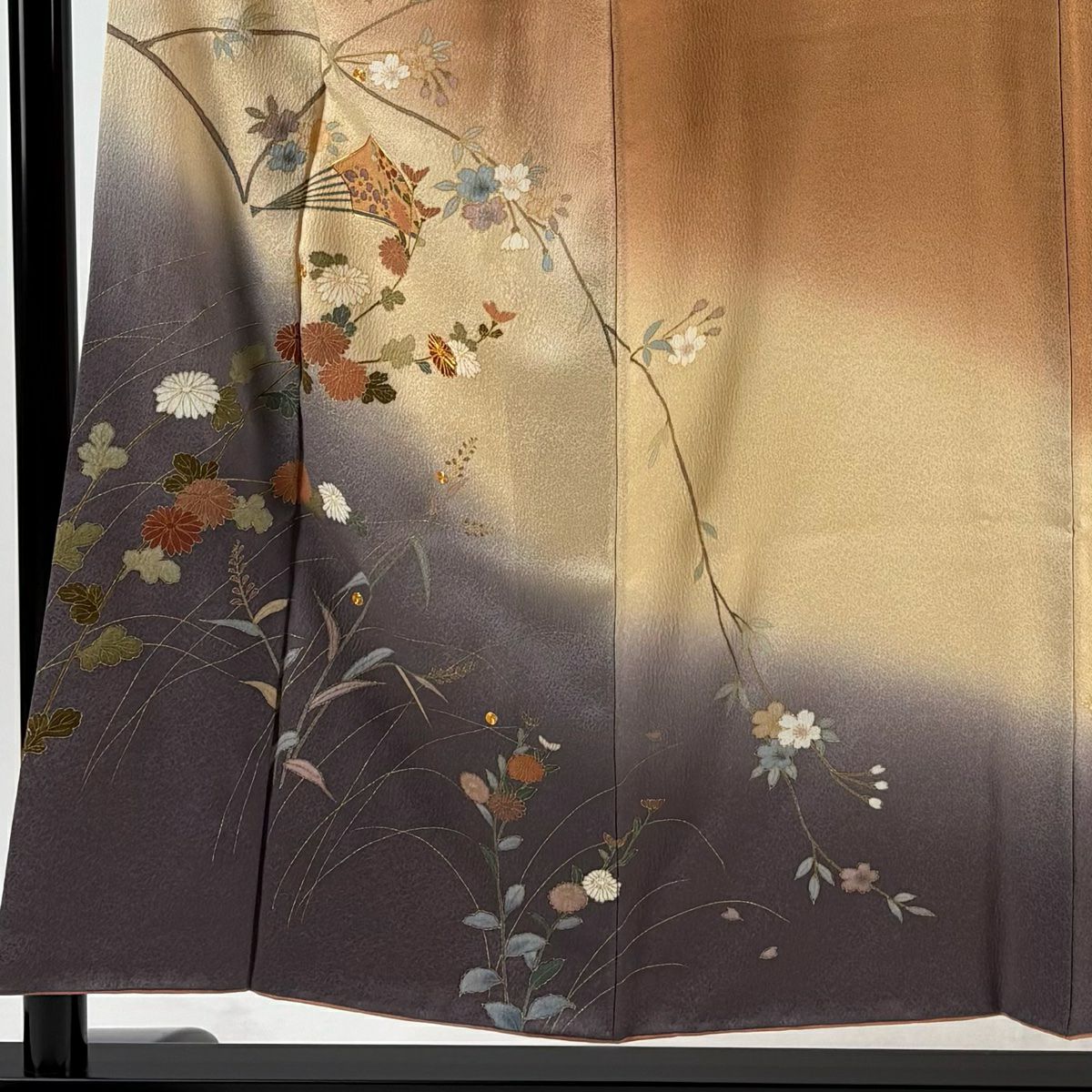 訪問服 身長152cm 袖長62cm S 雙層 扇子 菊花 金絲 金銀彩 淺茶 純蠶絲 優品級