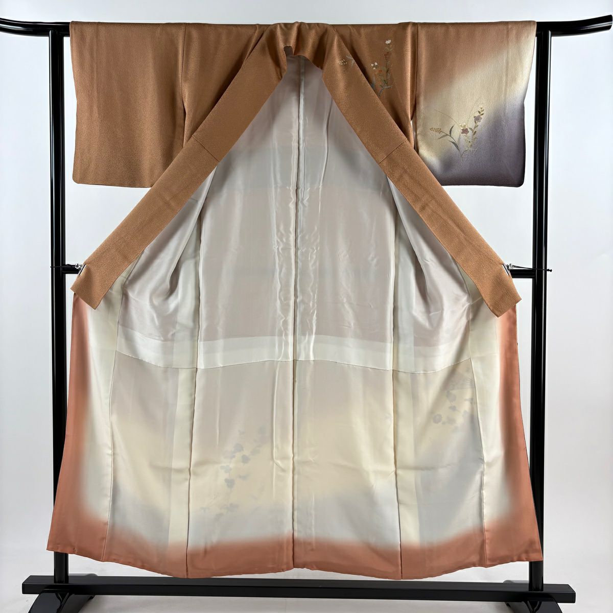 訪問服 身長152cm 袖長62cm S 雙層 扇子 菊花 金絲 金銀彩 淺茶 純蠶絲 優品級