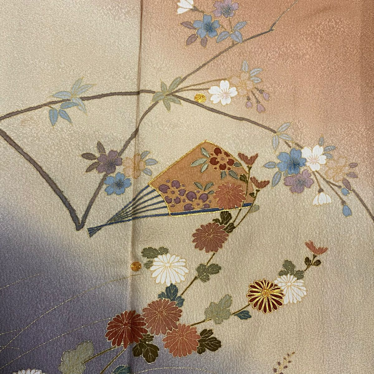 訪問服 身長152cm 袖長62cm S 雙層 扇子 菊花 金絲 金銀彩 淺茶 純蠶絲 優品級