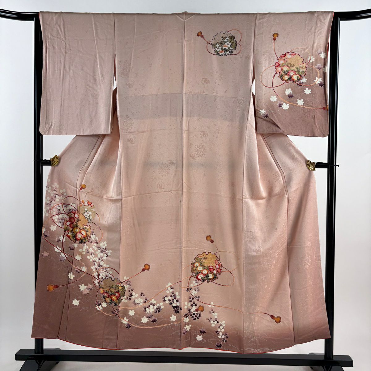 訪問服 身長153cm 袖長64cm M 雙層 雪輪 草花紋 金彩裝飾 漸層 粉紅 純蠶絲 優品級