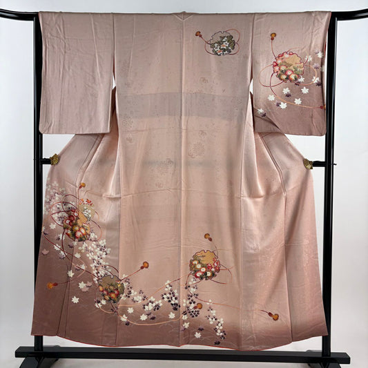 訪問服 身長153cm 袖長64cm M 雙層 雪輪 草花紋 金彩裝飾 漸層 粉紅 純蠶絲 優品級
