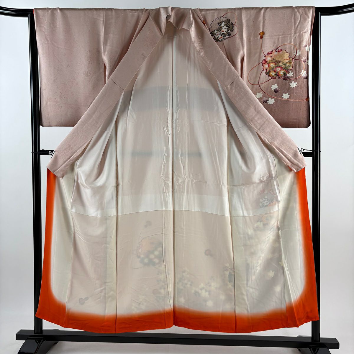 訪問服 身長153cm 袖長64cm M 雙層 雪輪 草花紋 金彩裝飾 漸層 粉紅 純蠶絲 優品級
