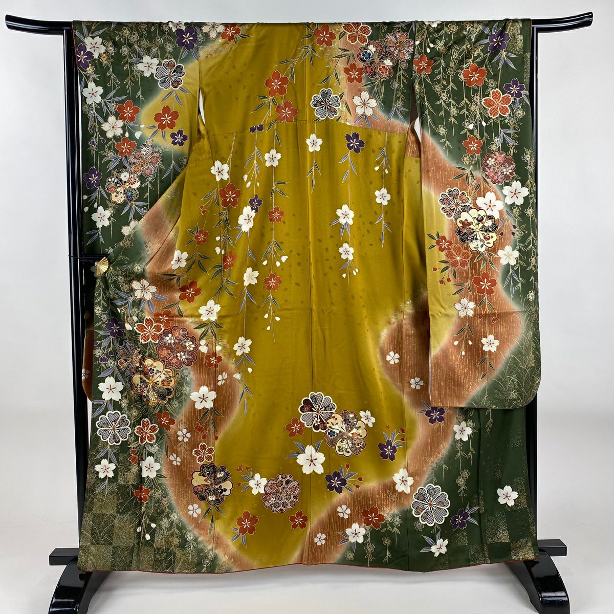 【庫存清倉】振袖禮服 身長162cm 袖長65cm M 雙層 櫻花 變化市松樹 金絲 金銀彩 山吹茶 純蠶絲 名品級