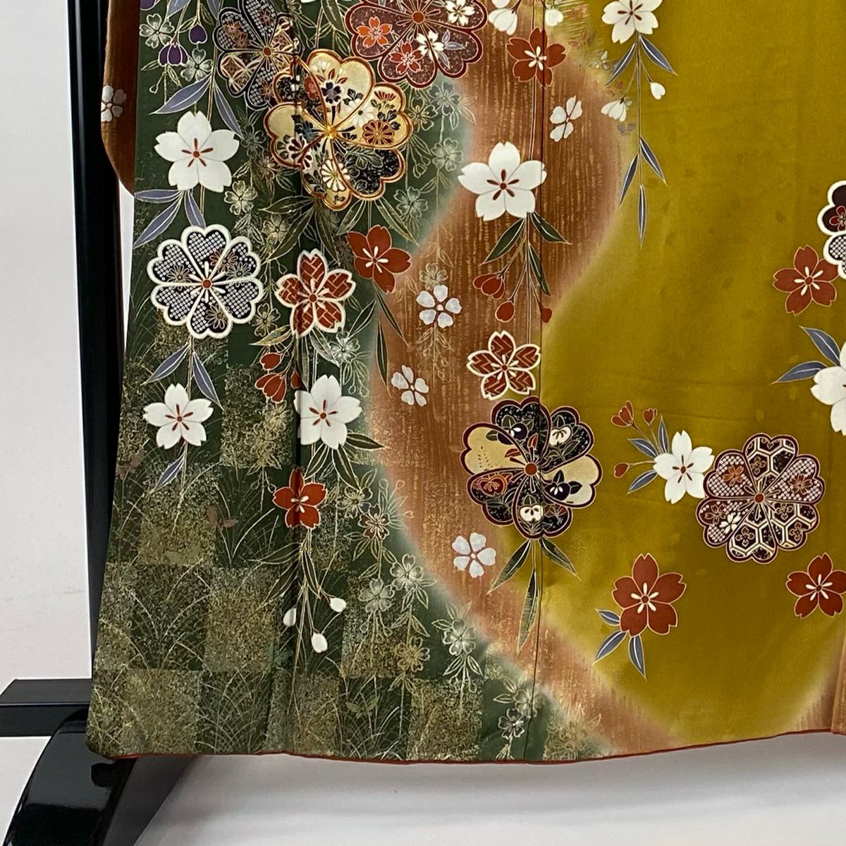 【庫存清倉】振袖禮服 身長162cm 袖長65cm M 雙層 櫻花 變化市松樹 金絲 金銀彩 山吹茶 純蠶絲 名品級