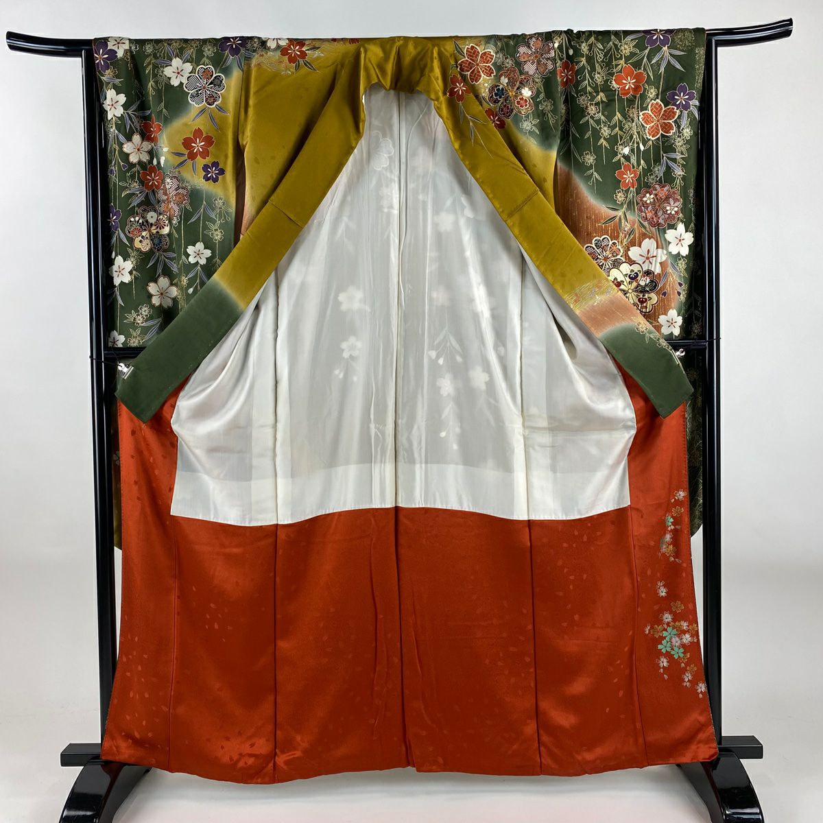 【庫存清倉】振袖禮服 身長162cm 袖長65cm M 雙層 櫻花 變化市松樹 金絲 金銀彩 山吹茶 純蠶絲 名品級