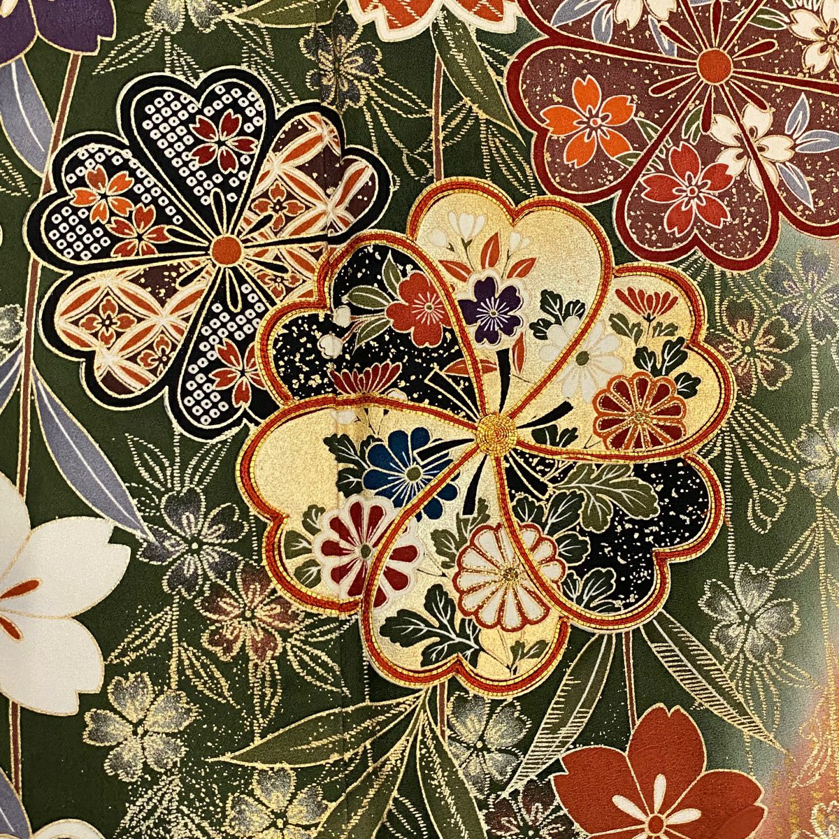 【庫存清倉】振袖禮服 身長162cm 袖長65cm M 雙層 櫻花 變化市松樹 金絲 金銀彩 山吹茶 純蠶絲 名品級