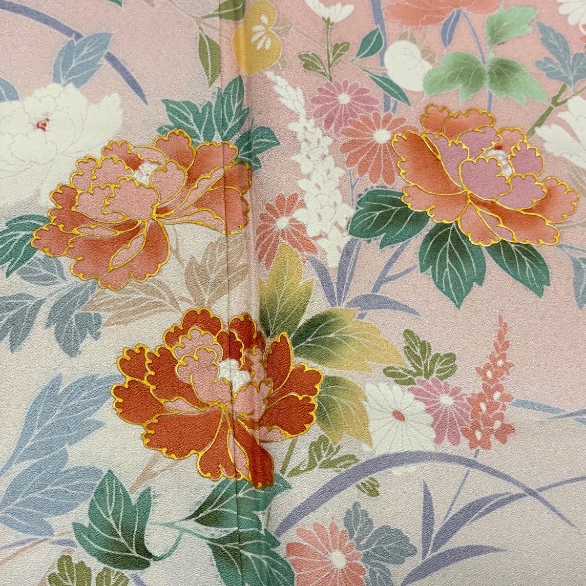 訪問服 身長168.5cm 袖長66.5cm M 雙層 草花紋紋 金彩裝飾 漸層 粉紅 純蠶絲 優品級