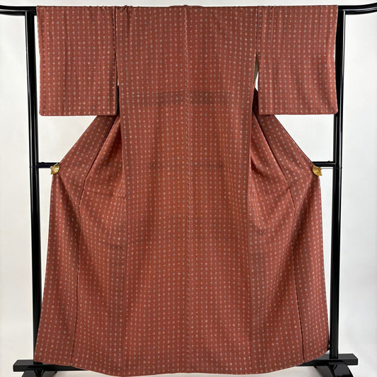 【美品】 小紋 身長159.5cm 袖長63cm S 雙層 紬織織 草花紋紋 紅茶 純蠶絲 秀品級