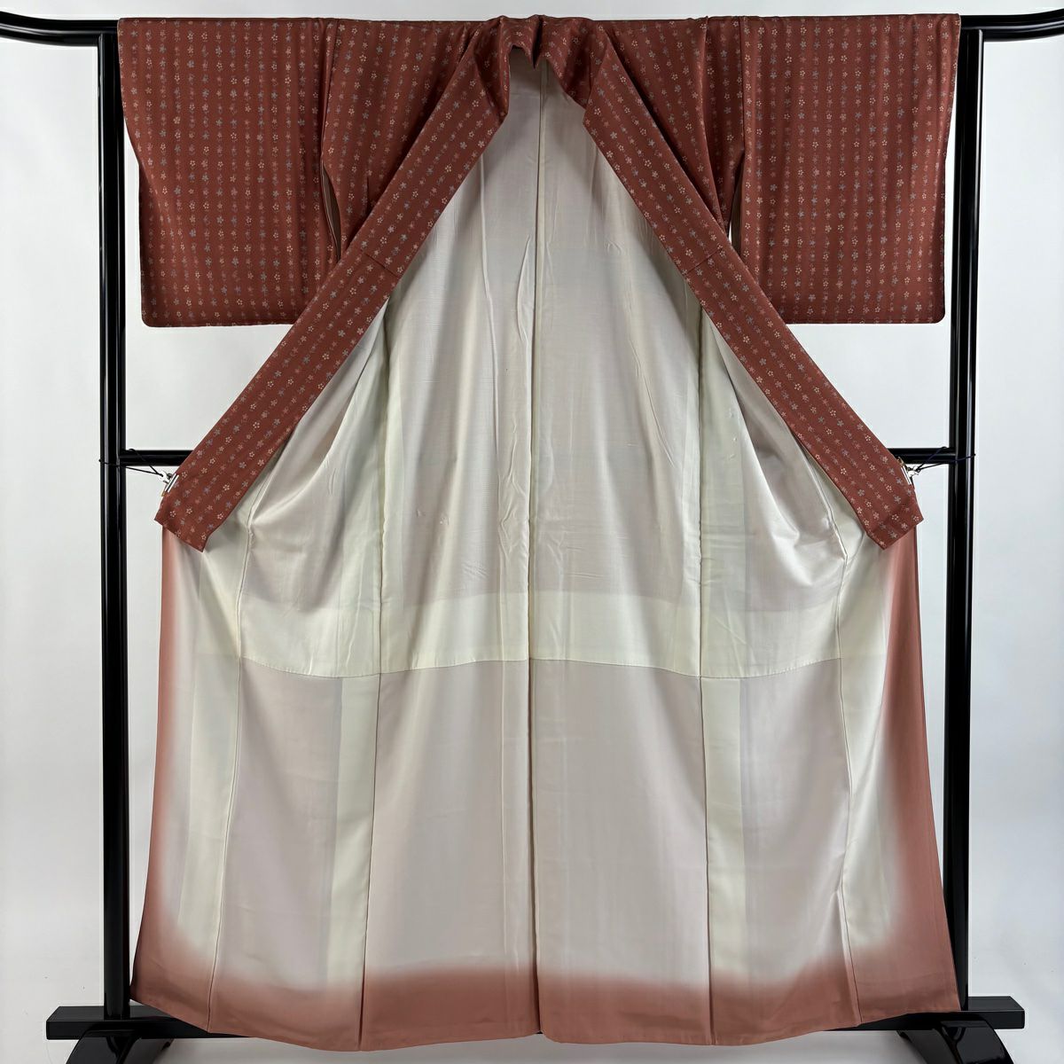 【美品】 小紋 身長159.5cm 袖長63cm S 雙層 紬織織 草花紋紋 紅茶 純蠶絲 秀品級
