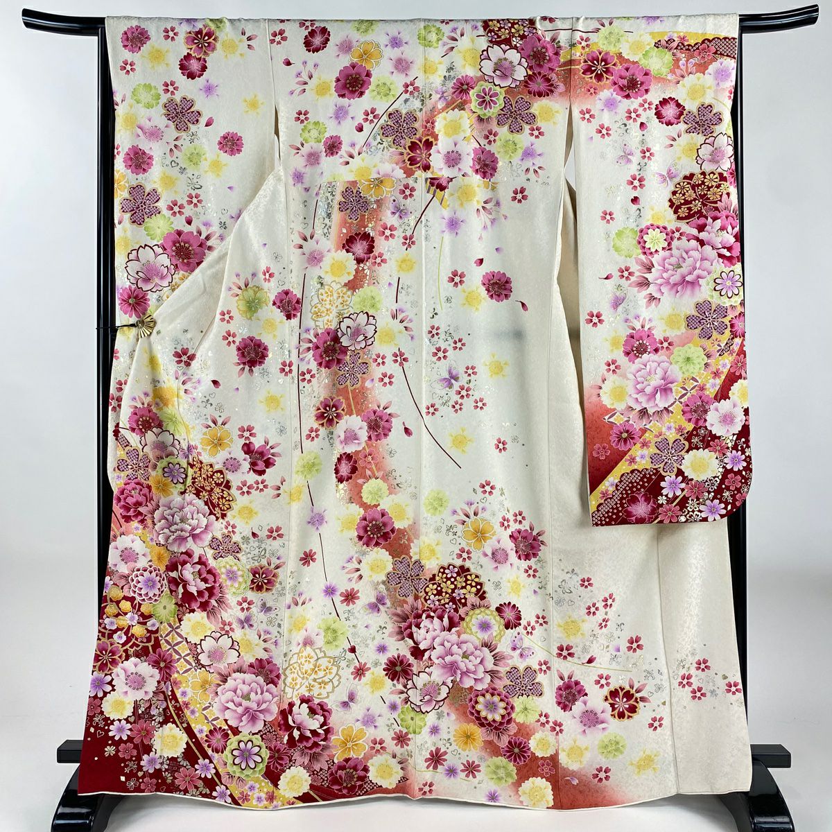 振袖禮服 身長166.5cm 袖長66cm M 雙層 牡丹 櫻花 金銀彩 金金箔 灰白 純蠶絲 逸品級