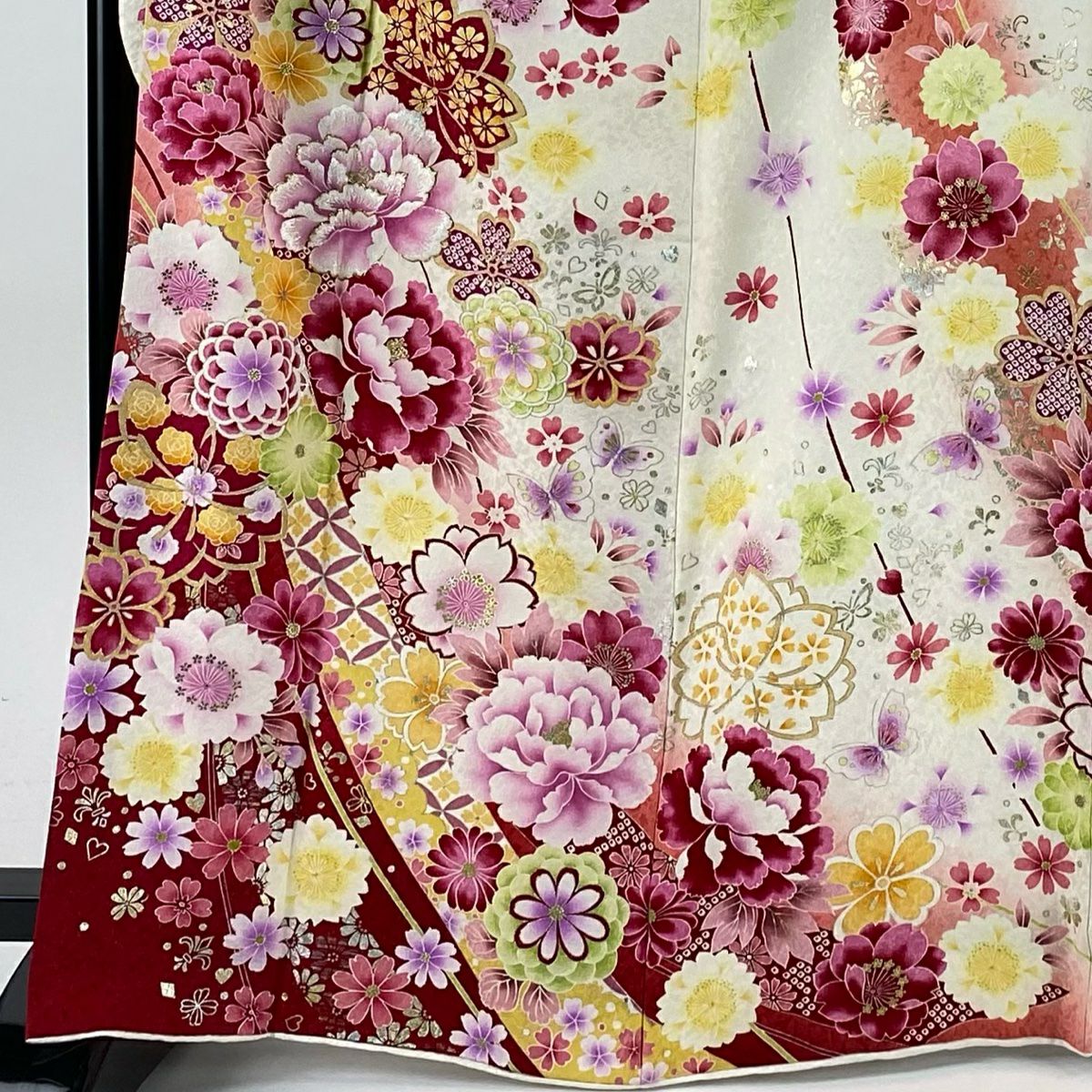 振袖禮服 身長166.5cm 袖長66cm M 雙層 牡丹 櫻花 金銀彩 金金箔 灰白 純蠶絲 逸品級