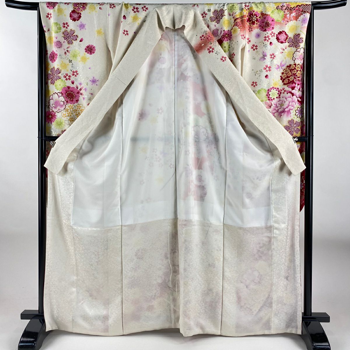 振袖禮服 身長166.5cm 袖長66cm M 雙層 牡丹 櫻花 金銀彩 金金箔 灰白 純蠶絲 逸品級