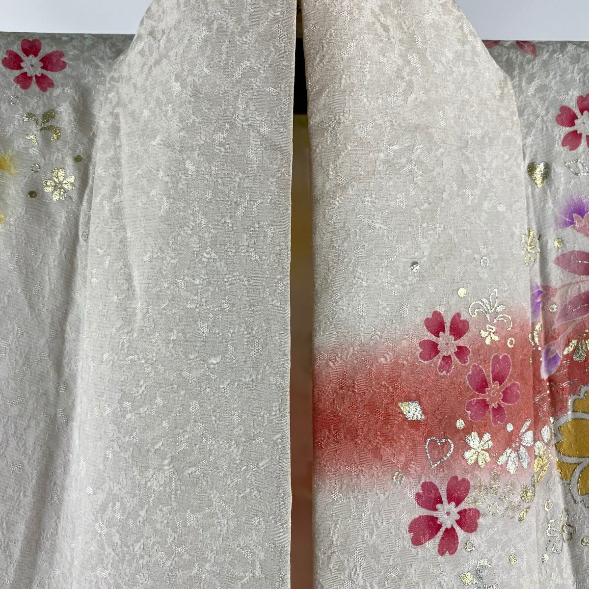 振袖禮服 身長166.5cm 袖長66cm M 雙層 牡丹 櫻花 金銀彩 金金箔 灰白 純蠶絲 逸品級