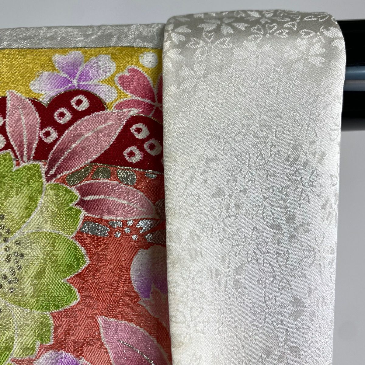 振袖禮服 身長166.5cm 袖長66cm M 雙層 牡丹 櫻花 金銀彩 金金箔 灰白 純蠶絲 逸品級
