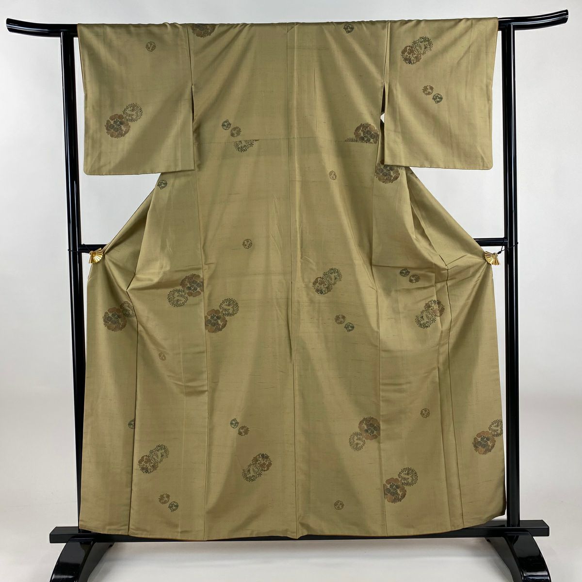 紬織 身長159cm 袖長62cm S 雙層 菱屋六右衛門 大和 落款 花丸紋 淺茶 純蠶絲 名品級