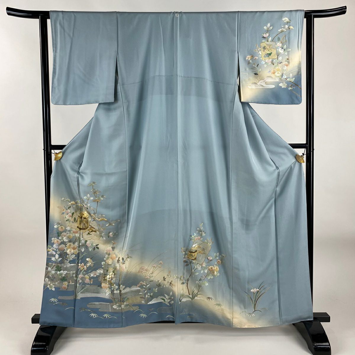訪問服 身長160.5cm 袖長62.5cm S 雙層 破裂色紙 草花紋紋 螺鈿 金銀彩 水色 純蠶絲 名品級 一個紋