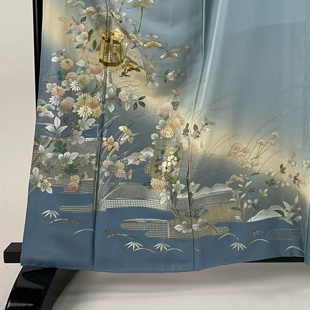 訪問服 身長160.5cm 袖長62.5cm S 雙層 破裂色紙 草花紋紋 螺鈿 金銀彩 水色 純蠶絲 名品級 一個紋