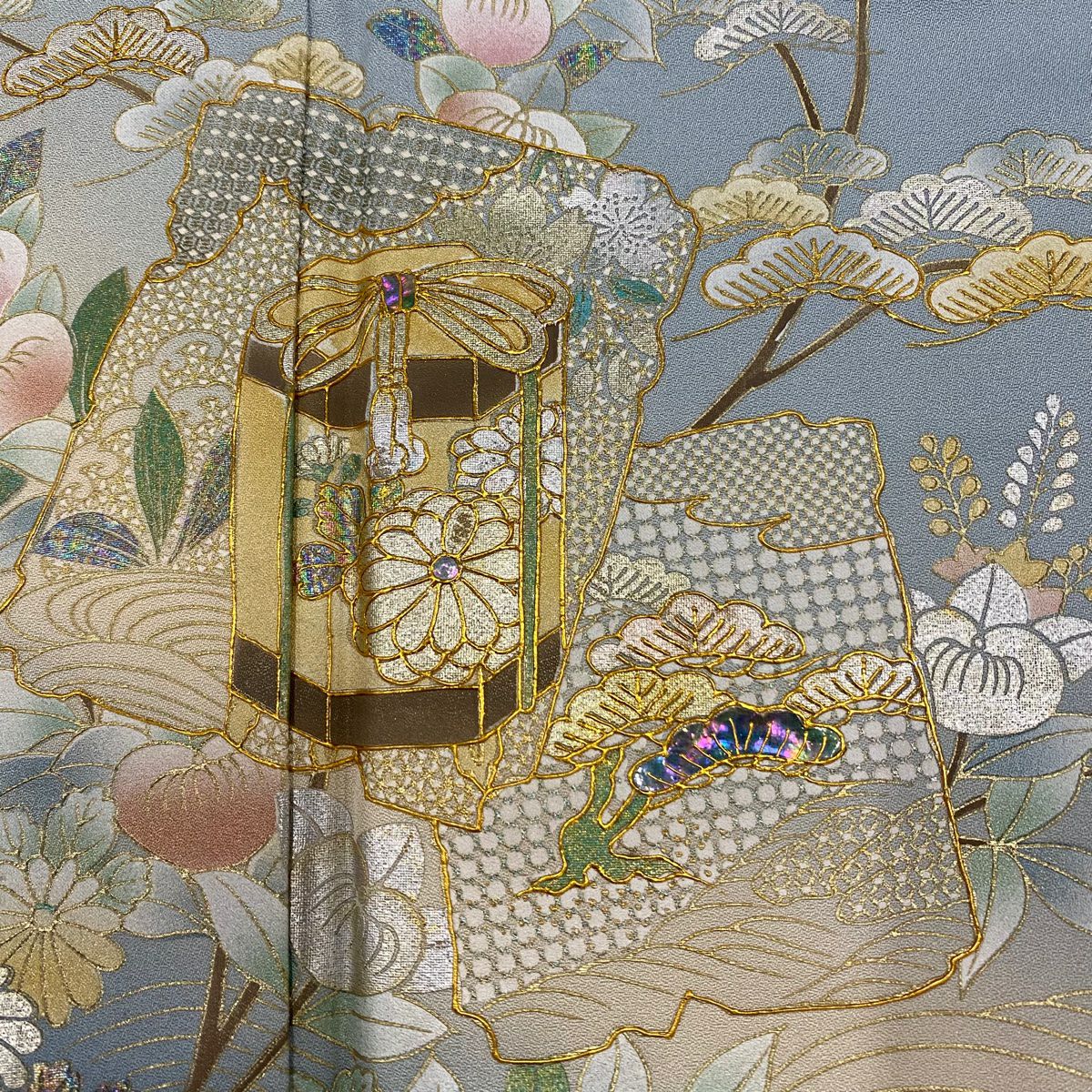 訪問服 身長160.5cm 袖長62.5cm S 雙層 破裂色紙 草花紋紋 螺鈿 金銀彩 水色 純蠶絲 名品級 一個紋