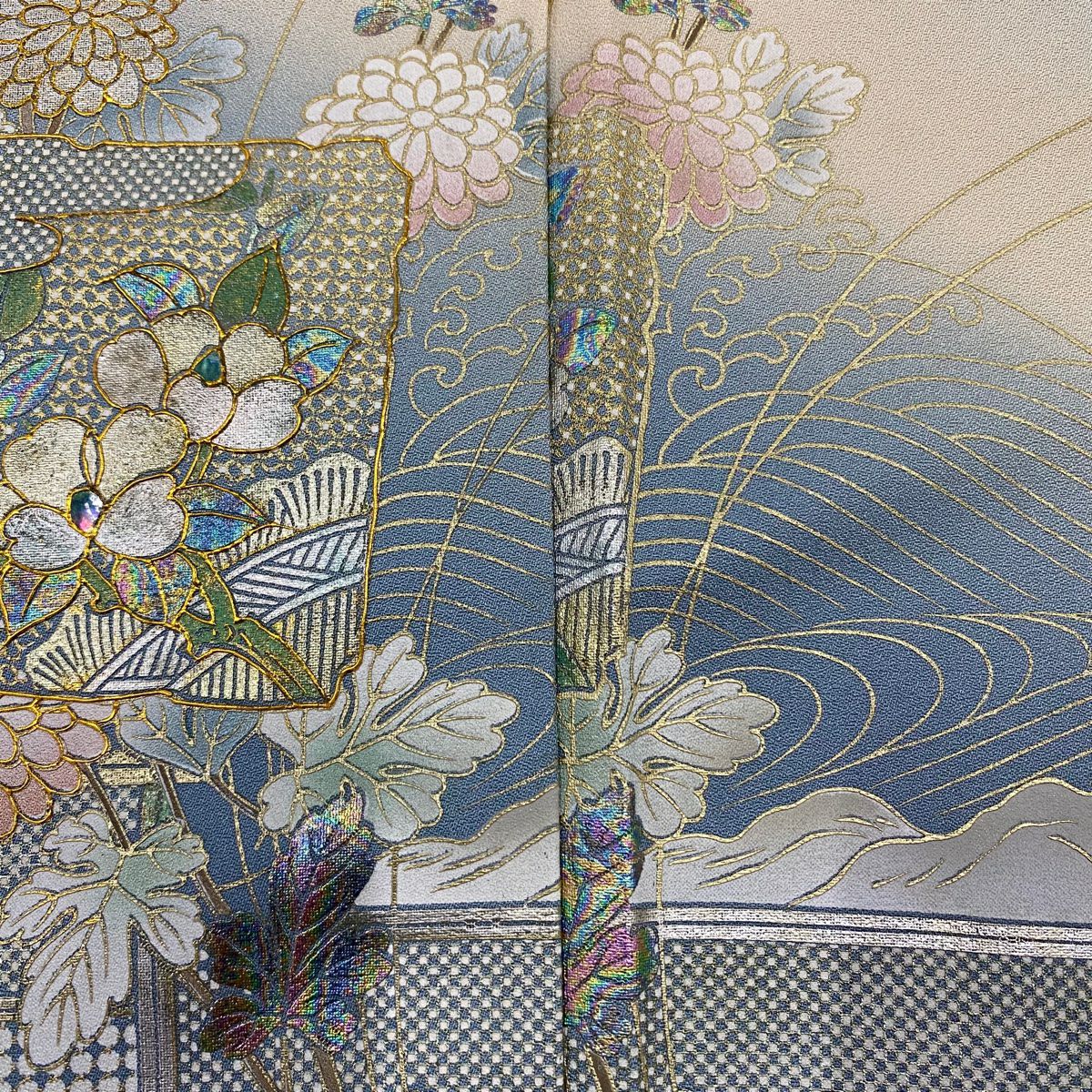 訪問服 身長160.5cm 袖長62.5cm S 雙層 破裂色紙 草花紋紋 螺鈿 金銀彩 水色 純蠶絲 名品級 一個紋