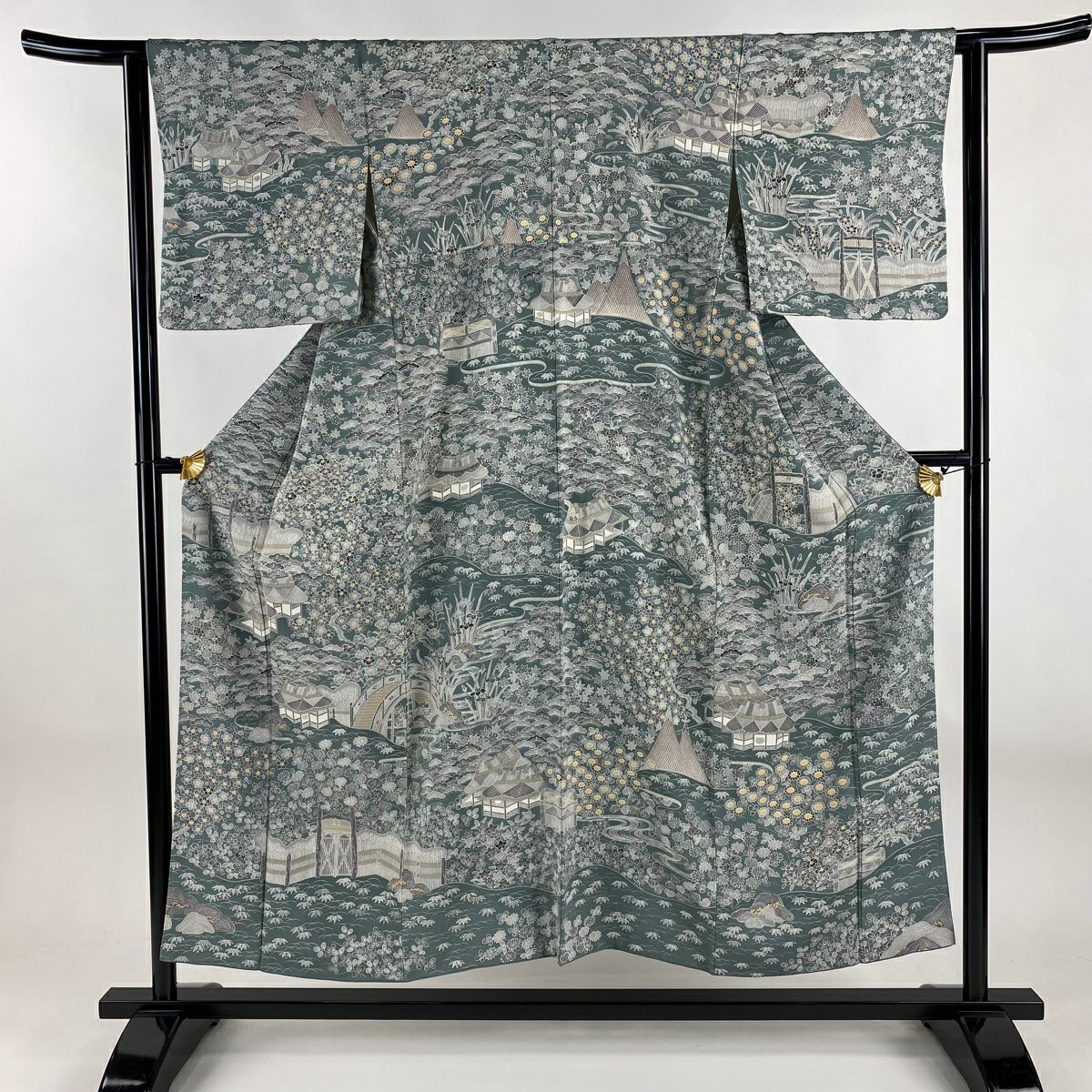 訪問服 身長152cm 袖長63cm S 雙層 松樹竹子梅花 建物 絞緞 灰綠 純蠶絲 名品級