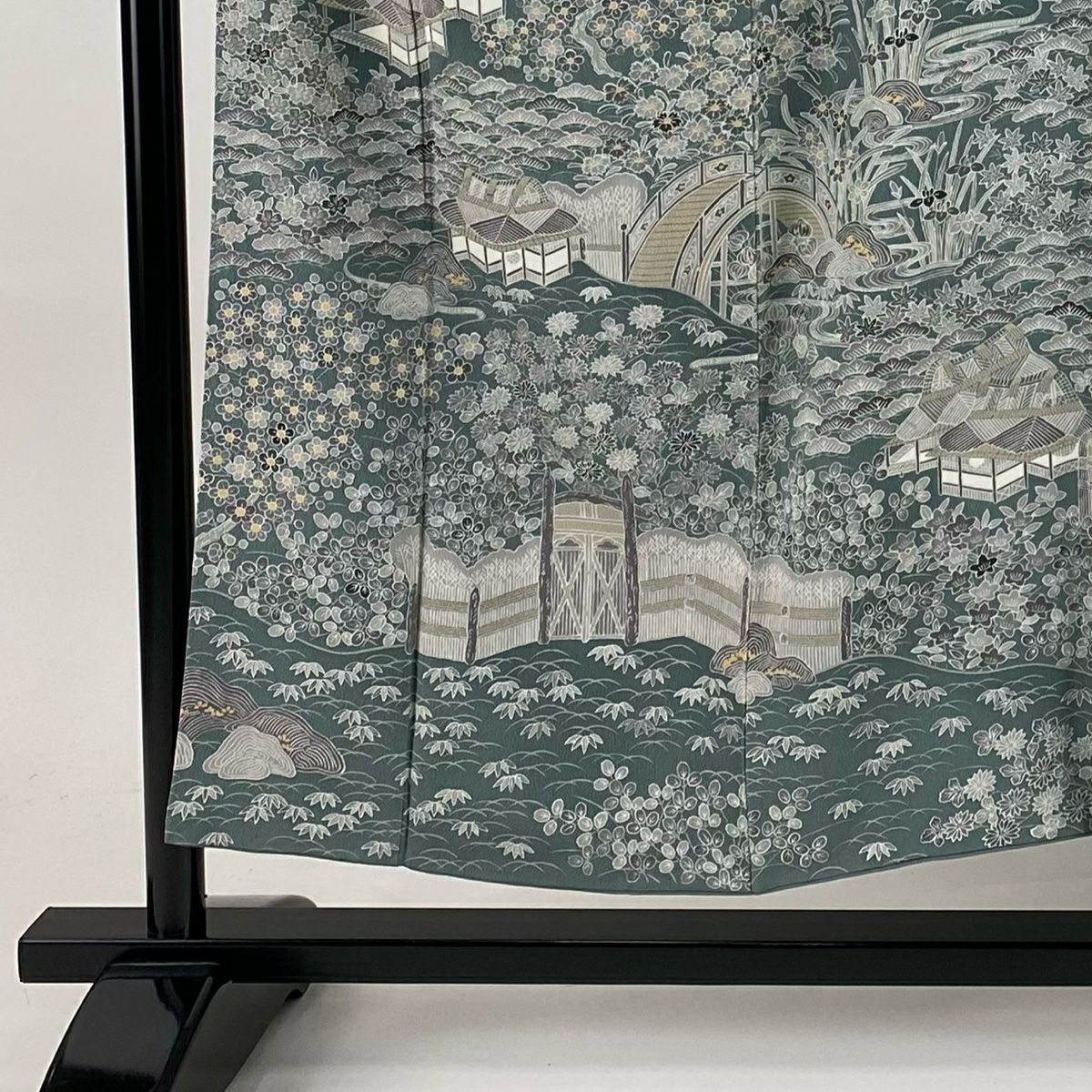 訪問服 身長152cm 袖長63cm S 雙層 松樹竹子梅花 建物 絞緞 灰綠 純蠶絲 名品級
