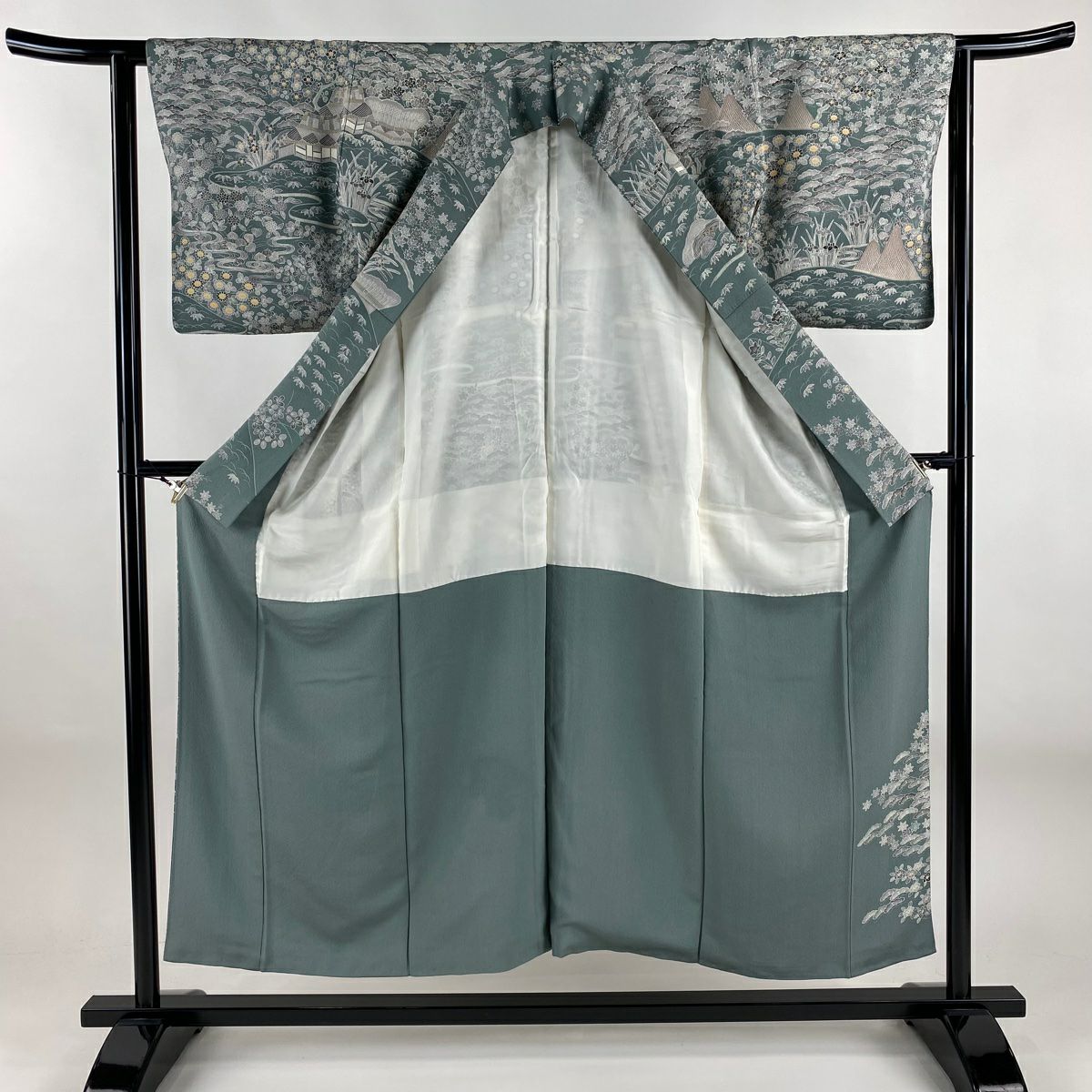 訪問服 身長152cm 袖長63cm S 雙層 松樹竹子梅花 建物 絞緞 灰綠 純蠶絲 名品級