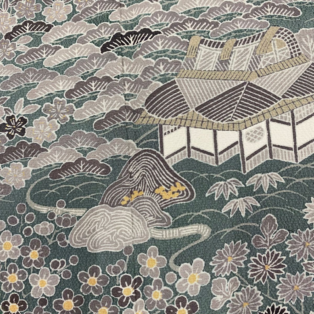 訪問服 身長152cm 袖長63cm S 雙層 松樹竹子梅花 建物 絞緞 灰綠 純蠶絲 名品級