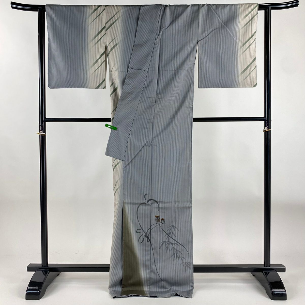付下 身長171cm 袖長66cm M 雙層 紬織織 新小石丸 具證書 貓頭鷹 瓢箪 灰色 純蠶絲 逸品級