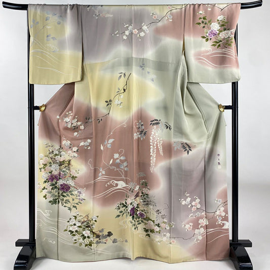 訪問服 身長168cm 袖長69.5cm L 雙層 帝王紫 落款 牡丹 草花紋刺繡 金線 米色 純蠶絲 逸品級