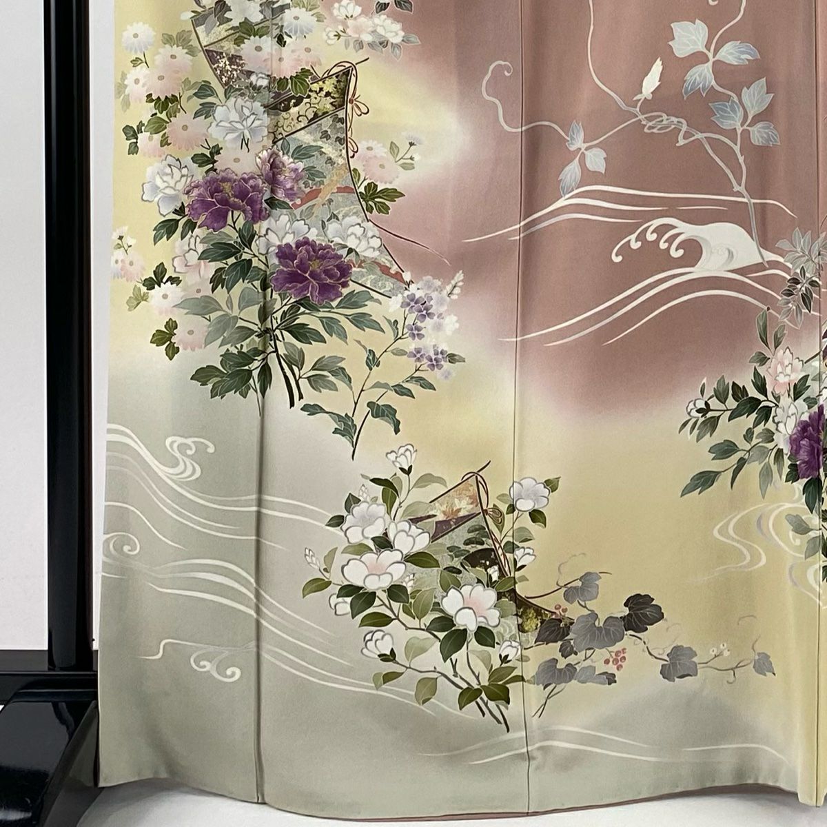 訪問服 身長168cm 袖長69.5cm L 雙層 帝王紫 落款 牡丹 草花紋刺繡 金線 米色 純蠶絲 逸品級