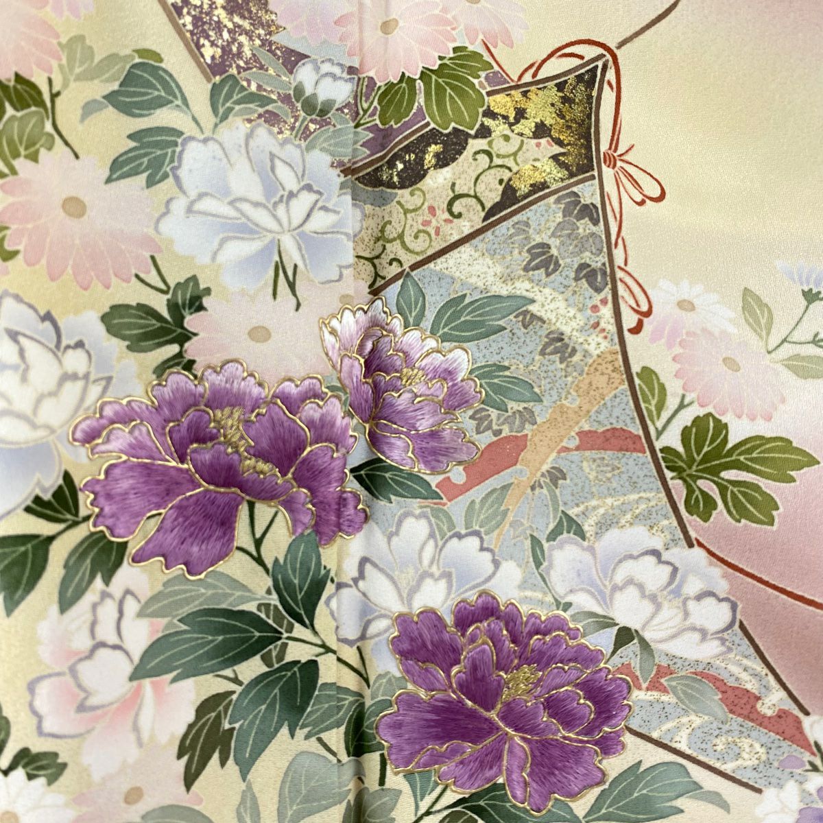 訪問服 身長168cm 袖長69.5cm L 雙層 帝王紫 落款 牡丹 草花紋刺繡 金線 米色 純蠶絲 逸品級