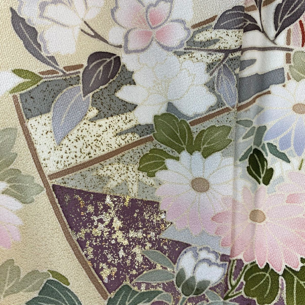 訪問服 身長168cm 袖長69.5cm L 雙層 帝王紫 落款 牡丹 草花紋刺繡 金線 米色 純蠶絲 逸品級