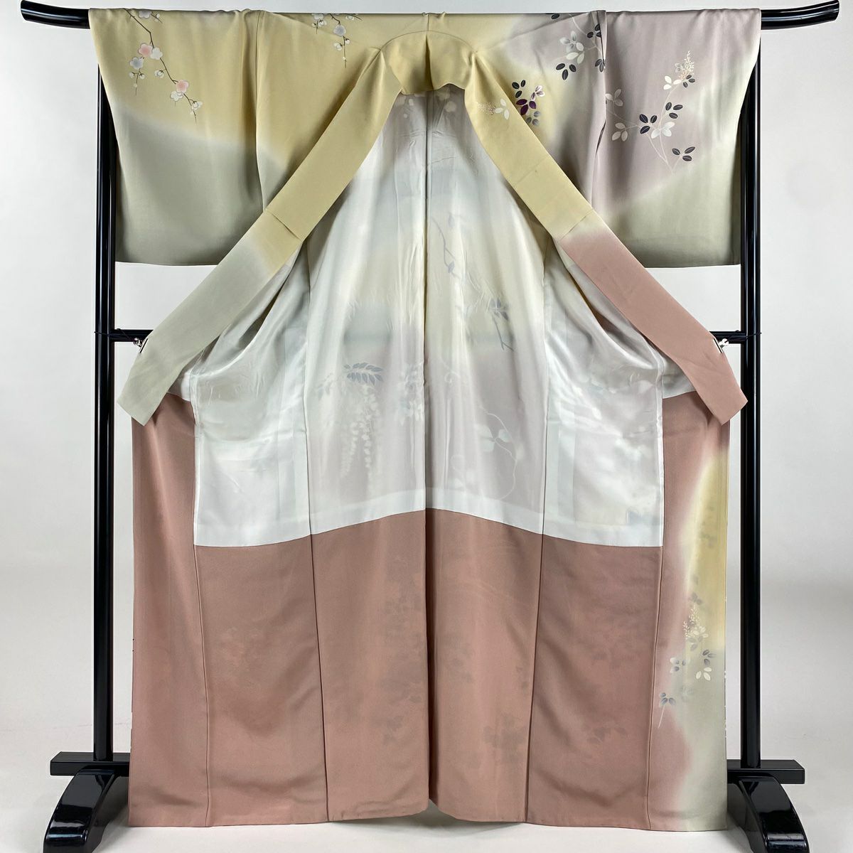 訪問服 身長168cm 袖長69.5cm L 雙層 帝王紫 落款 牡丹 草花紋刺繡 金線 米色 純蠶絲 逸品級