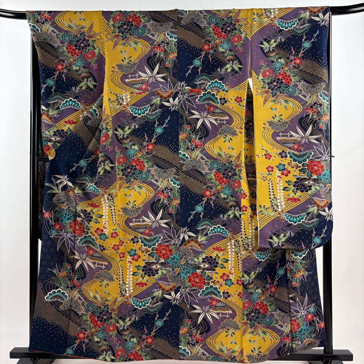 【美品】振袖禮服 身長160.5cm 袖長67cm M 雙層 松樹竹子梅花 流水 金銀彩 染分 黃土 純蠶絲 逸品級