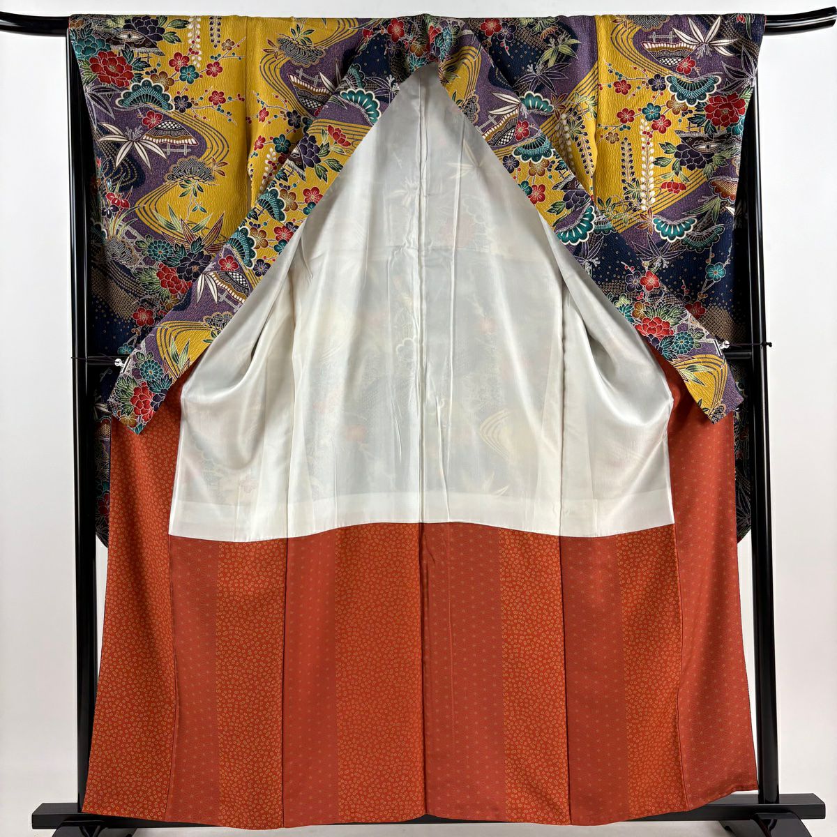 【美品】振袖禮服 身長160.5cm 袖長67cm M 雙層 松樹竹子梅花 流水 金銀彩 染分 黃土 純蠶絲 逸品級