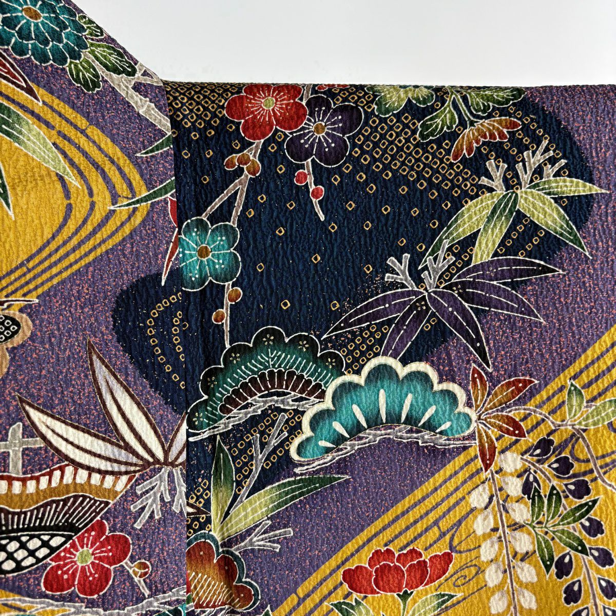 【美品】振袖禮服 身長160.5cm 袖長67cm M 雙層 松樹竹子梅花 流水 金銀彩 染分 黃土 純蠶絲 逸品級