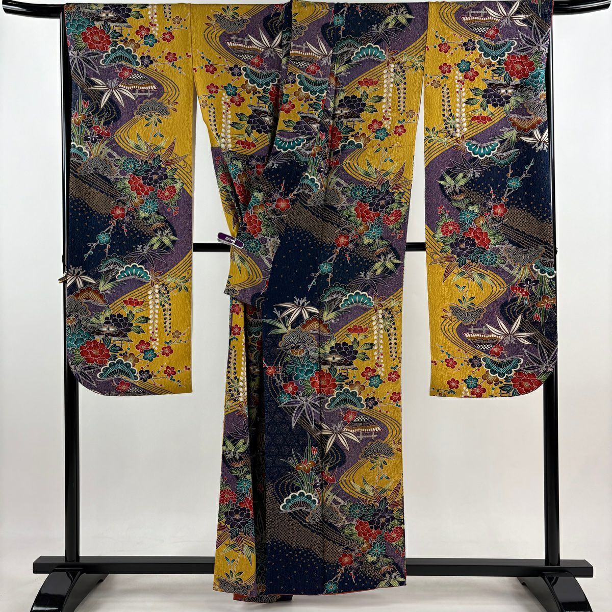 【美品】振袖禮服 身長160.5cm 袖長67cm M 雙層 松樹竹子梅花 流水 金銀彩 染分 黃土 純蠶絲 逸品級