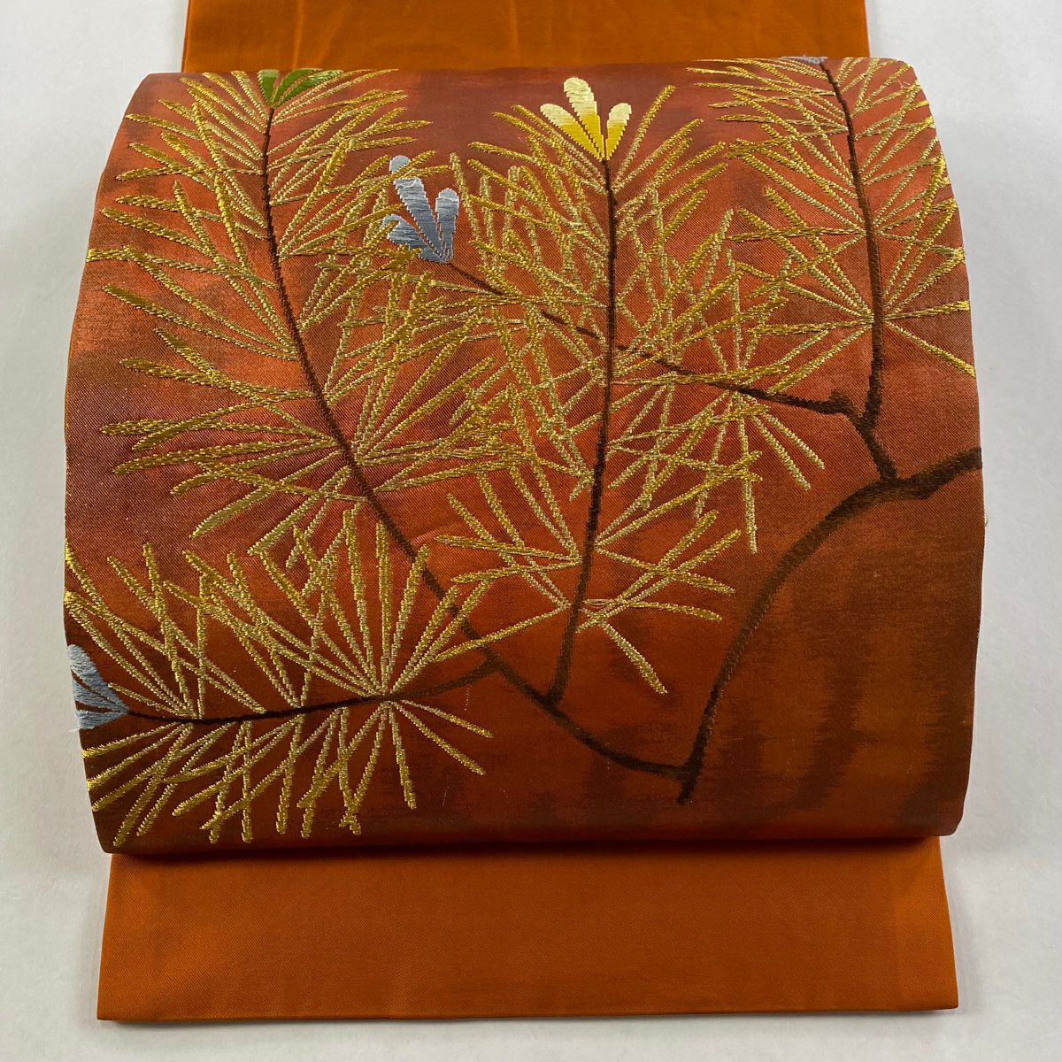 開口名古屋帶 優品級 若松樹 金絲 刺繡 橙色 純蠶絲