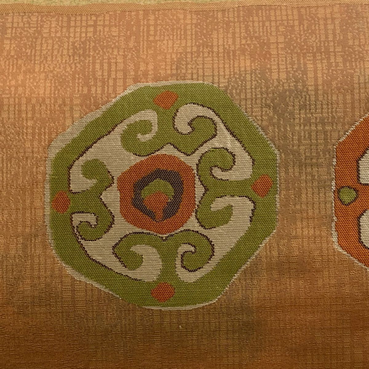 名古屋帶 優品級 關西仕立 幾何學圖案 草花紋紋 金金箔 橙色 純蠶絲
